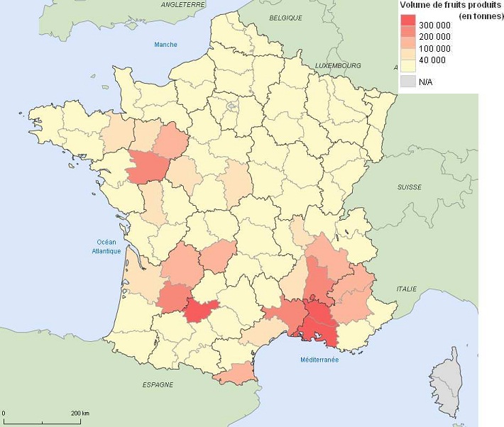 Répartition de la production fruitière en France métropolitaine en 2006
