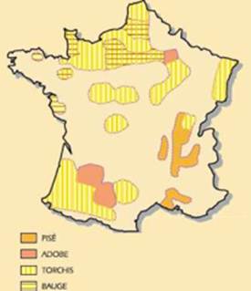 Localisation des différentes techniques de construction en terre crue présentes en France.