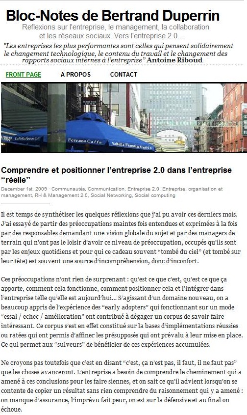 Exemple du blog candidat de Bertrand Duperrin sur l’entreprise 2.0