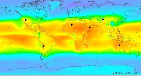 Carte du rayonnement solaire sur Terre 