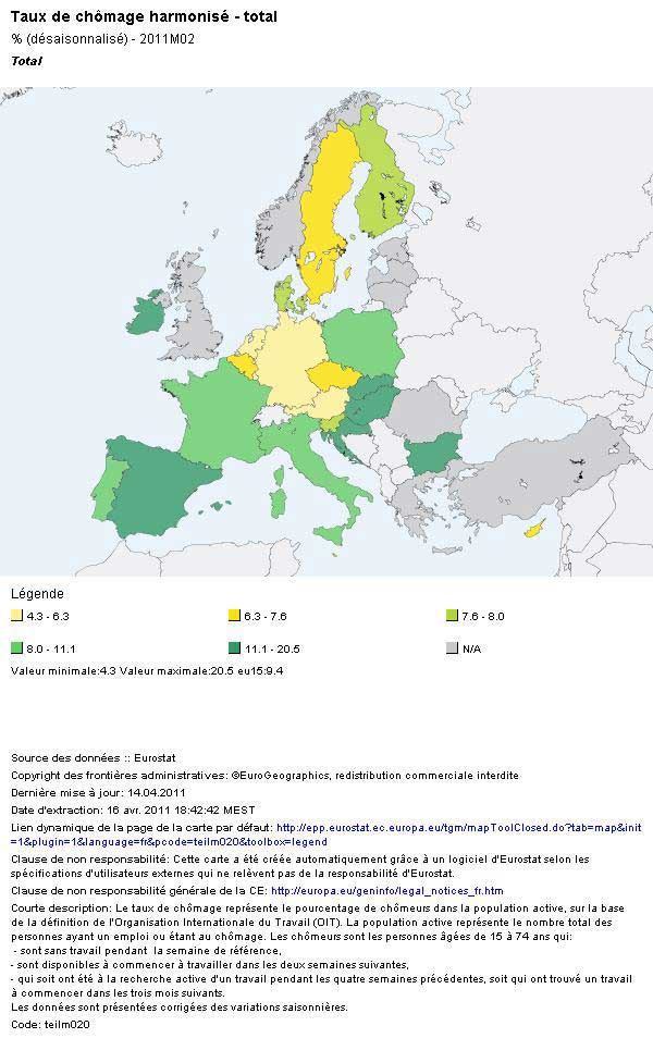 Les taux de chômage en Europe en février 2011 