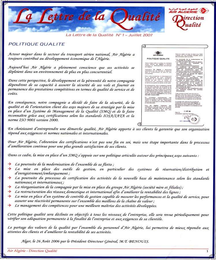 La lettre de la qualité d’Air Algérie