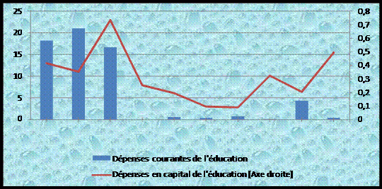Evolution des dépenses courantes et en capital de l’éducation en % des dépenses publiques totales : 1980-1989