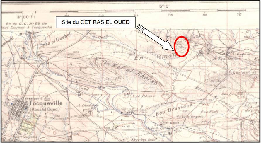 plan de situation du site CET Ras El Oued carte topo 1/50 000 - CET à Ras el oued