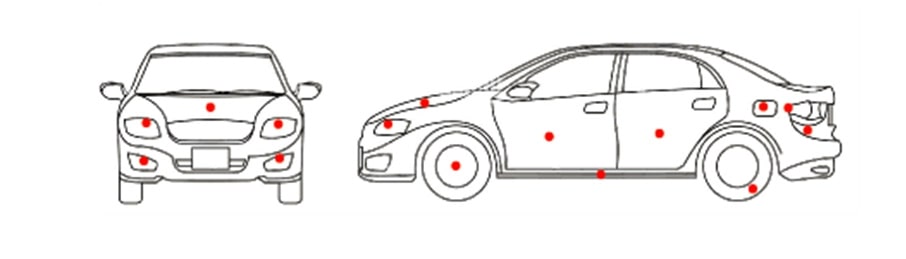 Représentation schématisée des dissimulations possibles sur une voiture, conception Julien Magana, 2022
