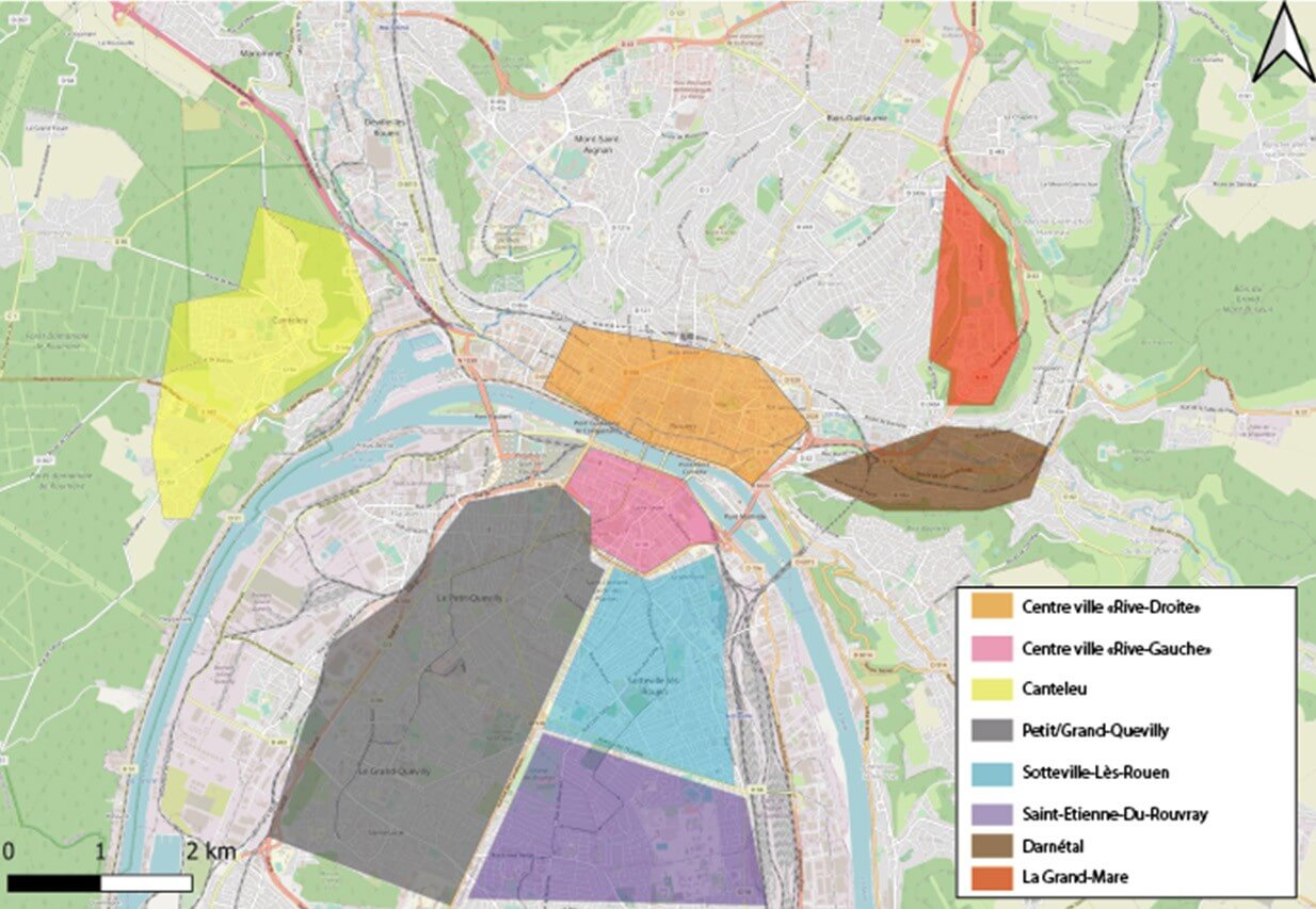 Les zones étudiées de l'agglomération de Rouen dans ce mémoire, conception Julien Magana 2022